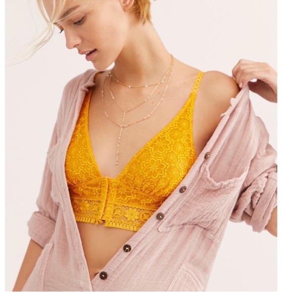 NEW Intimately Free People Ella Soft Lace Longline Crochet Bralette in Gold XS - Picture 1 of 6